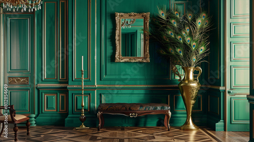 Grand foyer with emerald walls, espresso floors, and rococo gold frame.