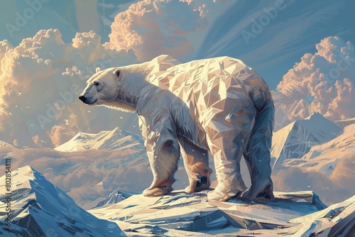 An imaginative artwork showcasing a cubic polar bear against an Arctic landscape, its majestic presence accentuated by angular shapes photo