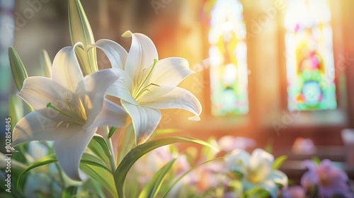 White lilies in front of stained glass window in church  symbolizing purity and tranquility