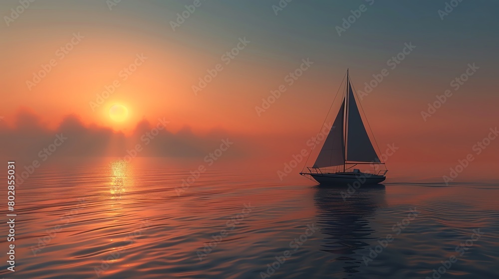 Depict the serenity of a lone sailboat drifting peacefully on a calm sea at sunset