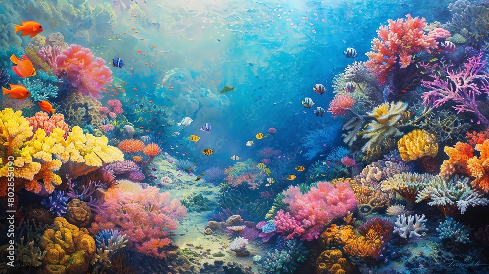 Capture the vibrant colors of a coral reef teeming with life beneath the surface of the sea