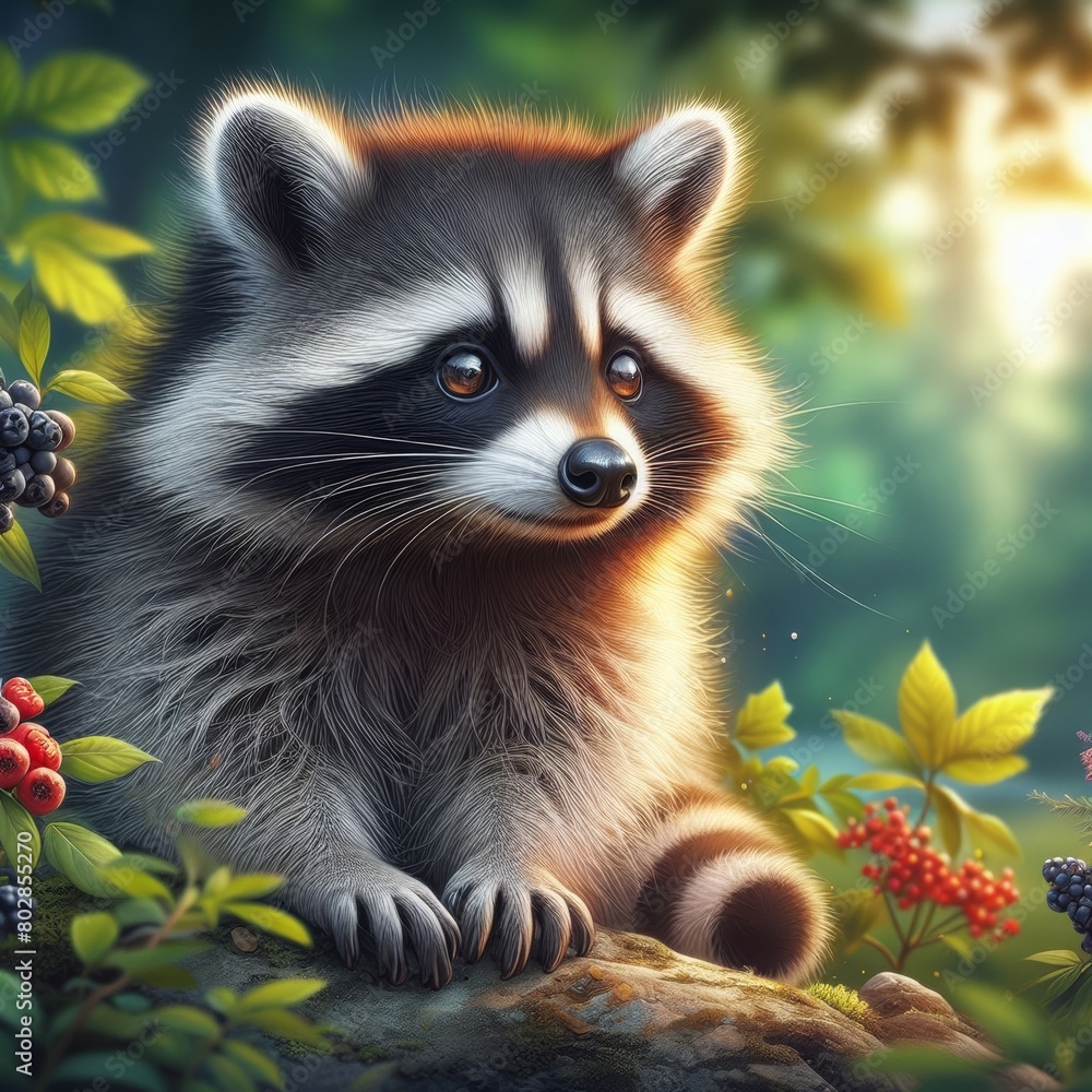 A close-up view of a beautiful raccoon looking away with a blurred nature background - Raccoon portrait illustration - Wildlife concept A close-up view of a beautiful raccoon looking away with a blurred nature background - Raccoon portrait illustration - Wildlife concept