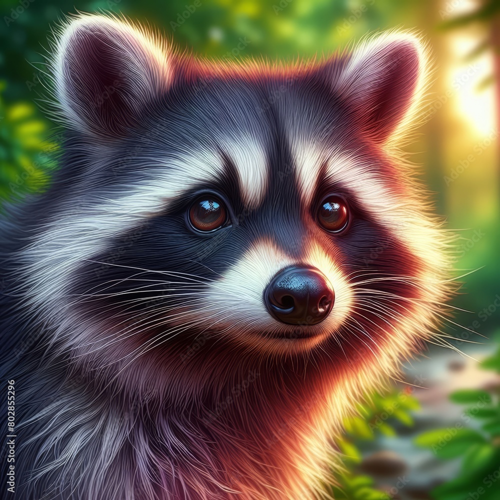 A close-up view of a beautiful raccoon looking away with a blurred nature background - Raccoon portrait illustration - Wildlife concept A close-up view of a beautiful raccoon looking away with a blurred nature background - Raccoon portrait illustration - Wildlife concept