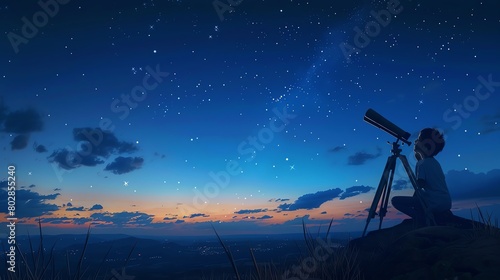 Paint a portrait of a boy with a telescope, searching the night sky for distant stars