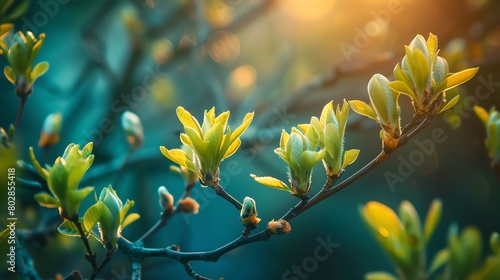 Illustrate the rebirth of nature with buds bursting into leaves on tree branches photo