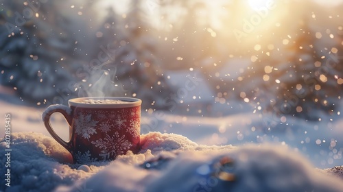 Imagine a warm mug of hot cocoa steaming in the cold air, surrounded by snowy scenery photo