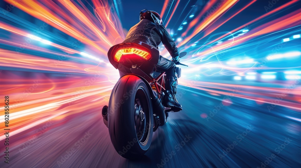 Back view of professional smart motorbike driver wearing helmet while driving in high speed surrounded with neon light at futuristic cityscape and skyscraper at night time. Blurring background. AIG42.