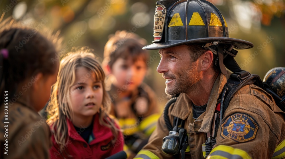 Smiling firefighter interacting with children during educational. International Firefighters' Day Smiling firefighter interacting with children during educational. International Firefighters' Day