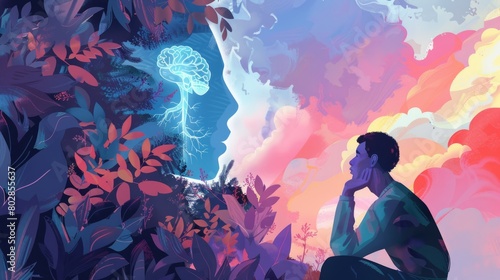 Man contemplating a brain-shaped tree in a surreal landscape. National Mental Health Awareness