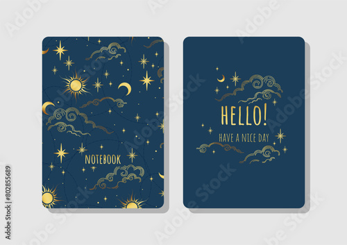 Cover design with blue space pattern. Hand drawn elements. Invitation, greeting card, cover book, notebook. Vector illustration