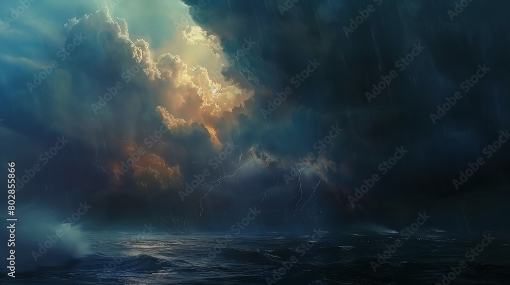 Paint a scene of a stormy sea with dark clouds overhead and lightning flashing in the distance