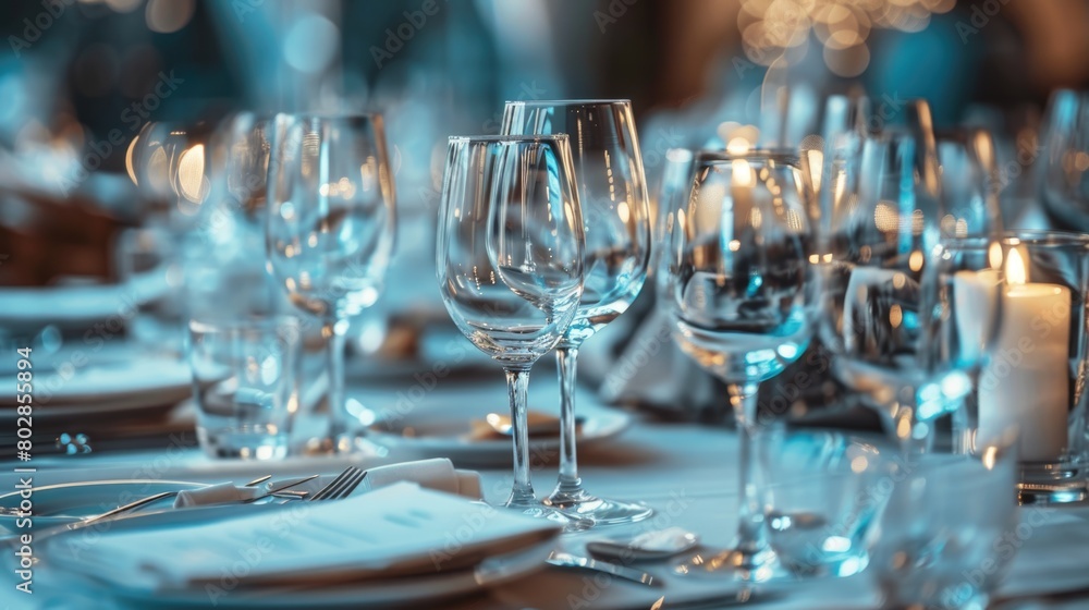 Sophisticated tableware arrangement with wine glasses and blue tablecloth. Sophisticated tableware arrangement with wine glasses and blue tablecloth.