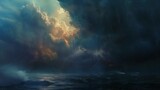 Paint a scene of a stormy sea with dark clouds overhead and lightning flashing in the distance