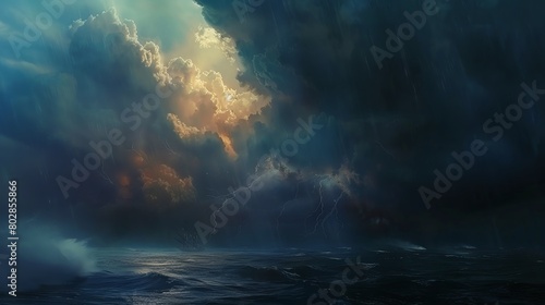 Paint a scene of a stormy sea with dark clouds overhead and lightning flashing in the distance