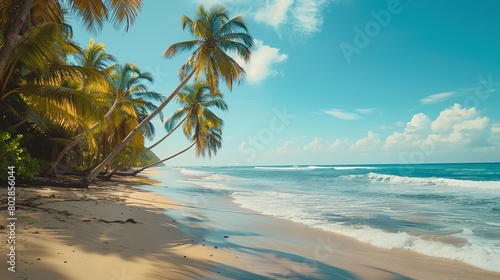 Capture the tranquility of a secluded beach with palm trees swaying gently in the ocean breeze © BURIN93