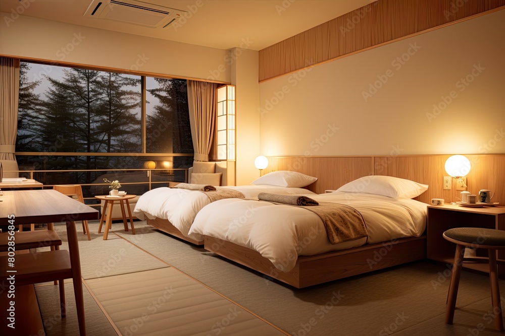 Double hotel room in beige and white tones, with a view of nature Double hotel room in beige and white tones, with a view of nature