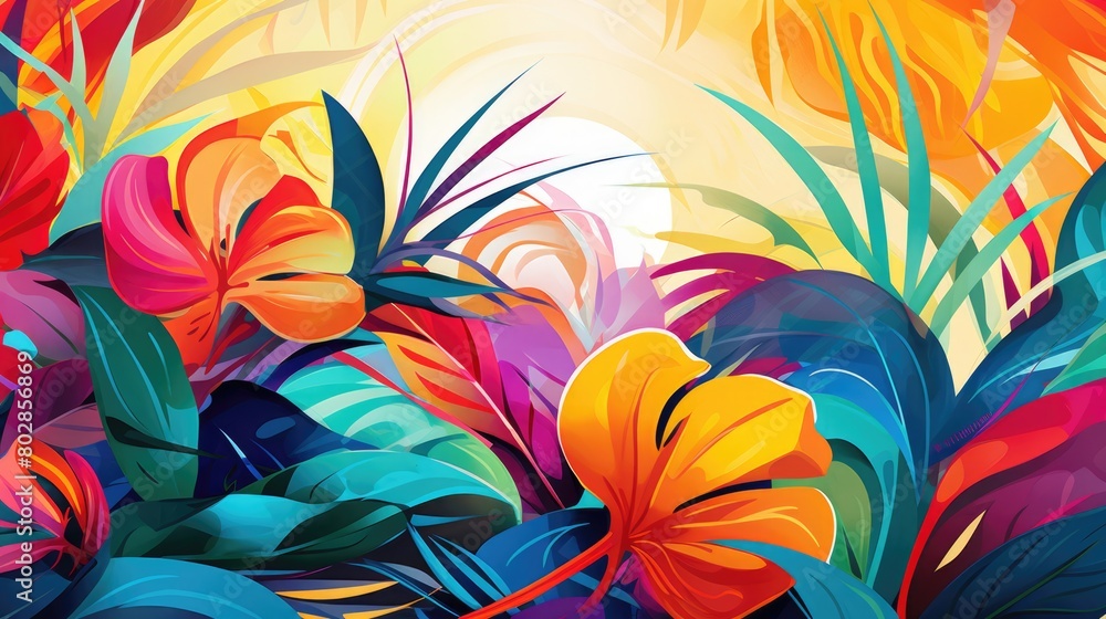 Tropical fusion abstract illustration - Generative AI. Tropical, plants, leaves. Tropical fusion abstract illustration - Generative AI. Tropical, plants, leaves.