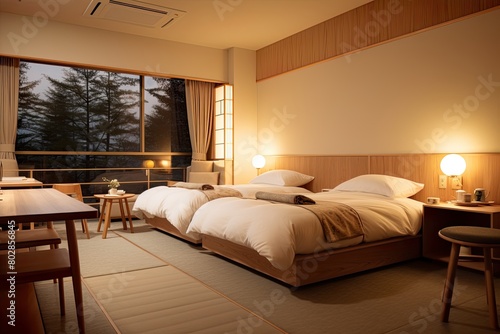 Double hotel room in beige and white tones, with a view of nature