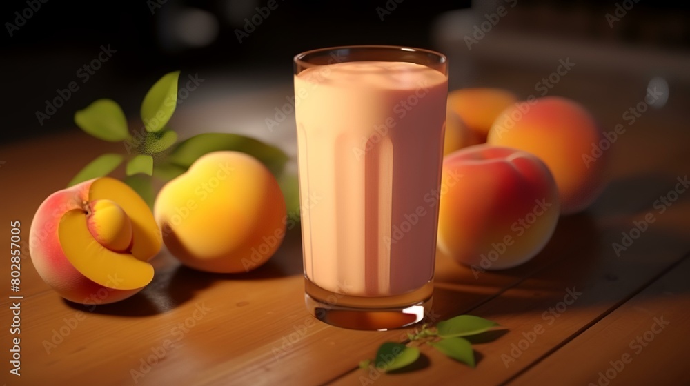 A glass of apricot smoothie with fresh fruits on a wooden table A glass of apricot smoothie with fresh fruits on a wooden table
