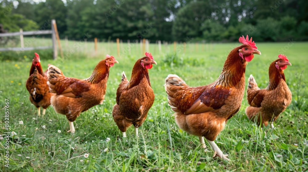 Fototapeta premium A flock of Organic Free Range wild Chickens on a traditional poultry farm