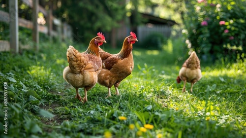 A flock of Organic Free Range wild Chickens on a traditional poultry farm