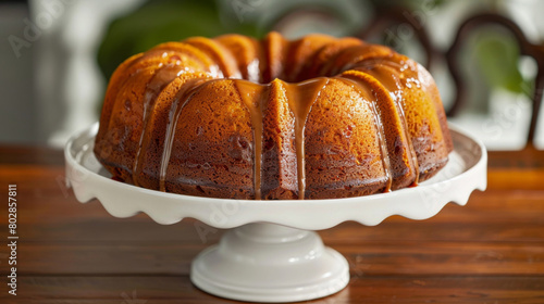 Exquisite jamaican rum cake with syrup glaze, presented on a white cake stand, highlighting caribbean culinary heritage