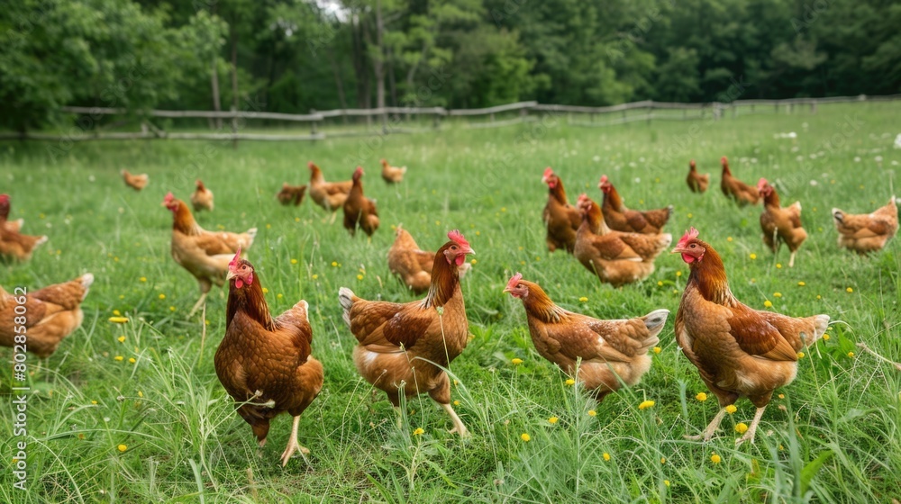 Fototapeta premium A flock of Organic Free Range wild Chickens on a traditional poultry farm