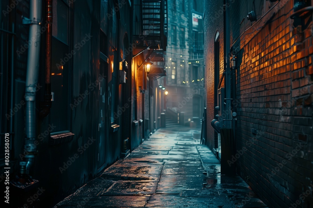 Fototapeta premium Rainy Night in Moody Urban Alleyway 