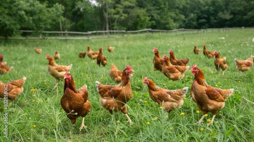 A flock of Organic Free Range wild Chickens on a traditional poultry farm