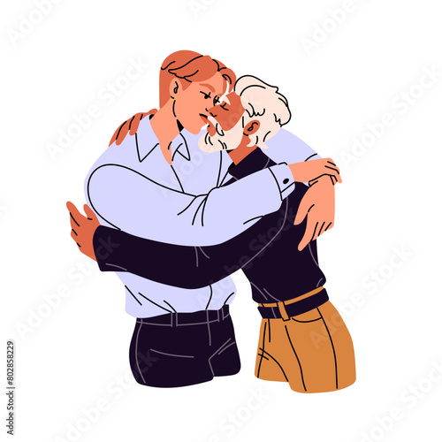 Gay couple kisses in sensual cuddle. Old and young men love each other. Romantic partners with age difference. Lovers are in LGBT relationship. Flat isolated vector illustration on white background