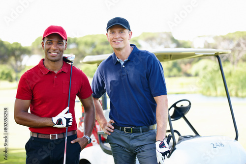 Portrait, men and club on golf course with transport for training, happiness and collaboration. Male people, sports equipment and cart for activity with sportswear, teamwork and health outdoor