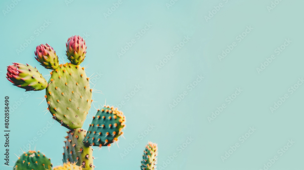 Prickly pear cactus with blooming flowers on a turquoise background. Prickly pear cactus with blooming flowers on a turquoise background.