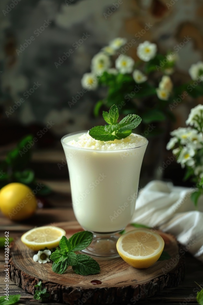 Glass of milk on a table with fresh mint. Close-up photography with blurred background Glass of milk on a table with fresh mint. Close-up photography with blurred background