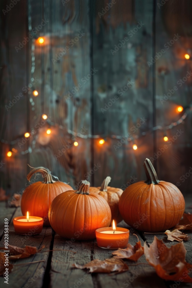 Obraz premium Autumn Ambiance with Pumpkins and Candles on Wooden Table