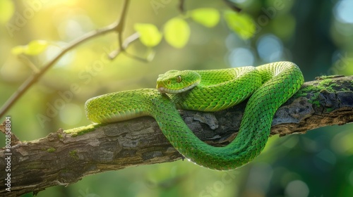 Vibrant Green Snake Coiled on Tree Branch in Forest