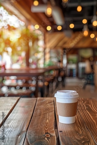 Cafe Ambience with To-Go Coffee Cup on Wooden Table