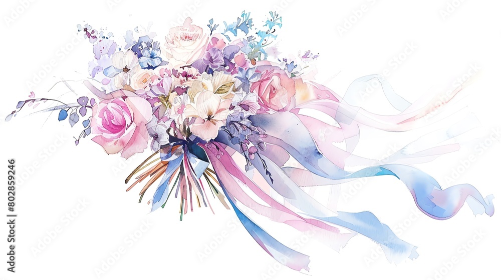 Depict the elegance of a ribbon cascading down a wedding bouquetWater color,  hand drawing