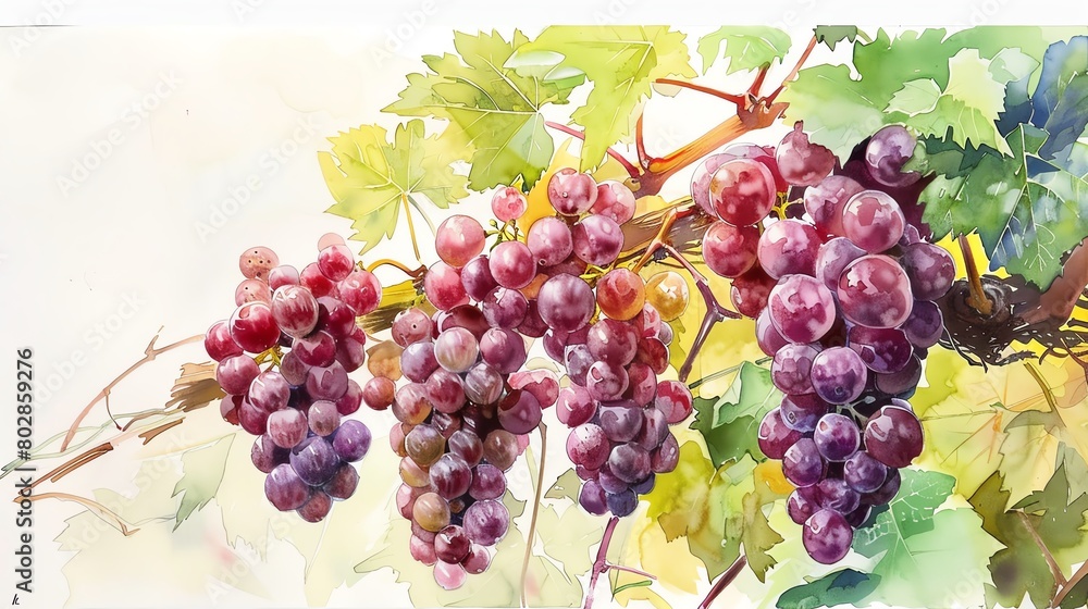 Illustrate the sweetness of a cluster of grapes hanging from a vine in a sundappled vineyardWater color, hand drawing Illustrate the sweetness of a cluster of grapes hanging from a vine in a sundappled vineyardWater color, hand drawing