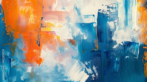 Orange, bright blue strokes of paint, canvas photo