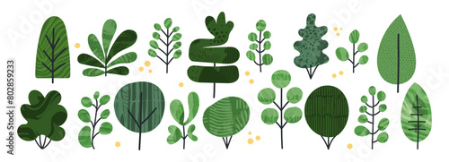 Shrubbery bush hedge simple collage textured vector cartoon illustration. Set of abstract tree shrub, foliage, green tree with texture. Collection of isolated plant silhouette, cute garden eco shape photo