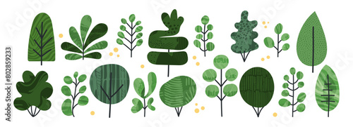 Shrubbery bush hedge simple collage textured vector cartoon illustration. Set of abstract tree shrub, foliage, green tree with texture. Collection of isolated plant silhouette, cute garden eco shape