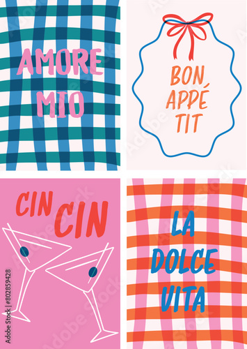 Europe Travel inspired set of 4 posters with Italian and french  sayings in Risograph style graphic technique. Perfect for wall art, t-shirt graphic, postcards etc. 