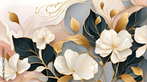 Abstract art background vector. Luxury minimal style wallpaper with golden line art flower and botanical leaves, Organic shapes, Watercolor. Vector background for banner, poster, Web and packaging. photo