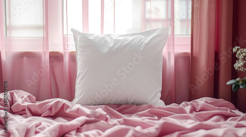 White Blank Polyester Pillow Mock Up Held On A Pink Bed