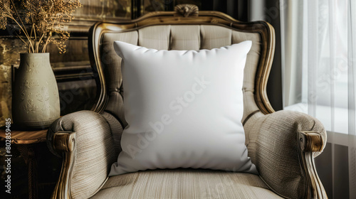 White Blank Polyester Pillow Mock Up Held On A Luxury Armchair photo