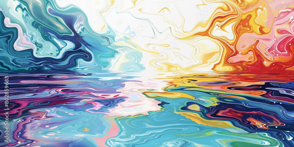 Waves of vibrant color ripple across the water, forming intricate patterns that seem to pulse with life and energy against the pristine white background.
