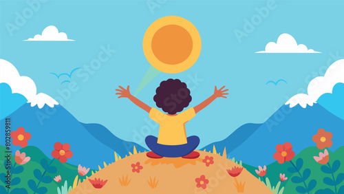 A child sitting on top of a mountain with their arms outstretched looking out at a field of flowers and a bright sun representing the boundless. Vector illustration