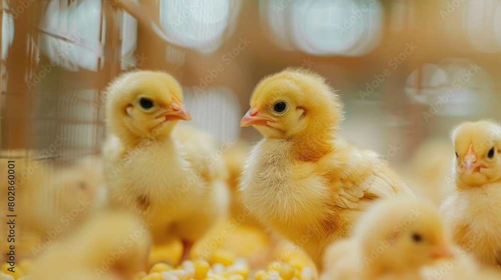 Yellow baby chickens were grounding in the farm to started feeding in the chicken farm business Yellow baby chickens were grounding in the farm to started feeding in the chicken farm business