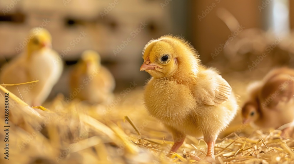 Yellow baby chickens were grounding in the farm to started feeding in the chicken farm business