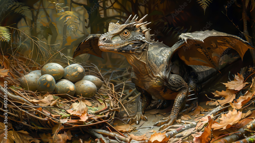 pterodactyl with the his nest with eggs pterodactyl with the his nest with eggs